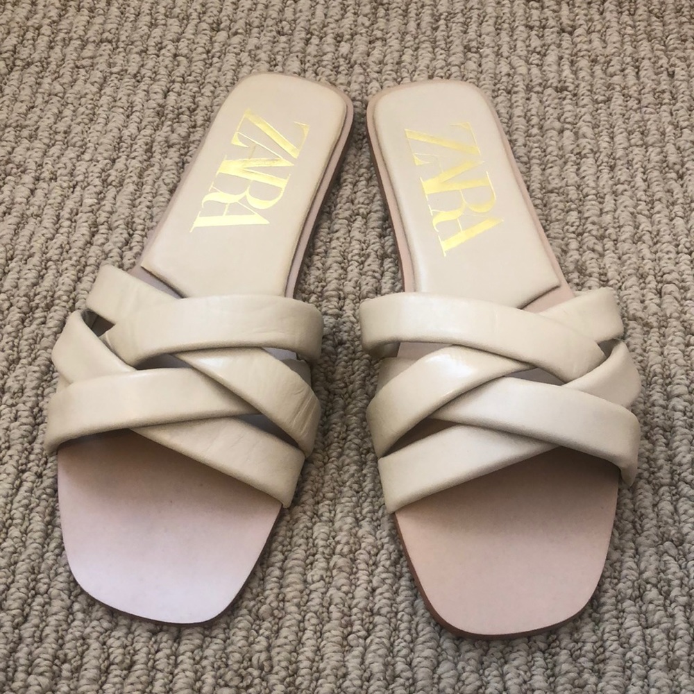 ZARA leather slide sandal with cross quilted strap
